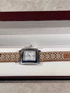 Coach Ladies Square Silver-Tone Watch with Tan Signature Canvas Strap
